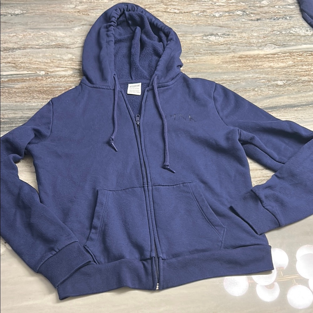 Victoria Secret Pink Navy Blue Zip-Up Hoodie Sz S